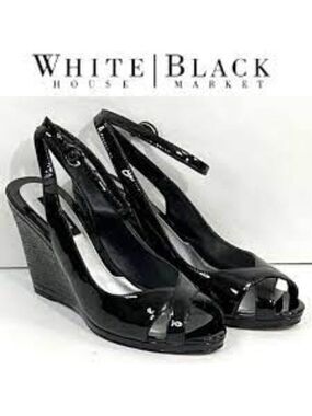 White House Black Market Wedge Karen Black Patent Leather Sandals Size 6.5m